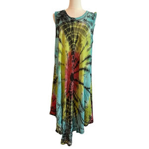 Indie Hippie Tie Dye Dress Exist OS Sleeveless Artsy Beachy Boho‎ Festival Retro